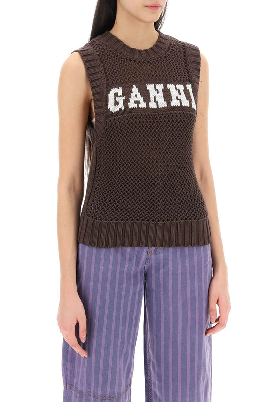 open-stitch knitted vest with logo