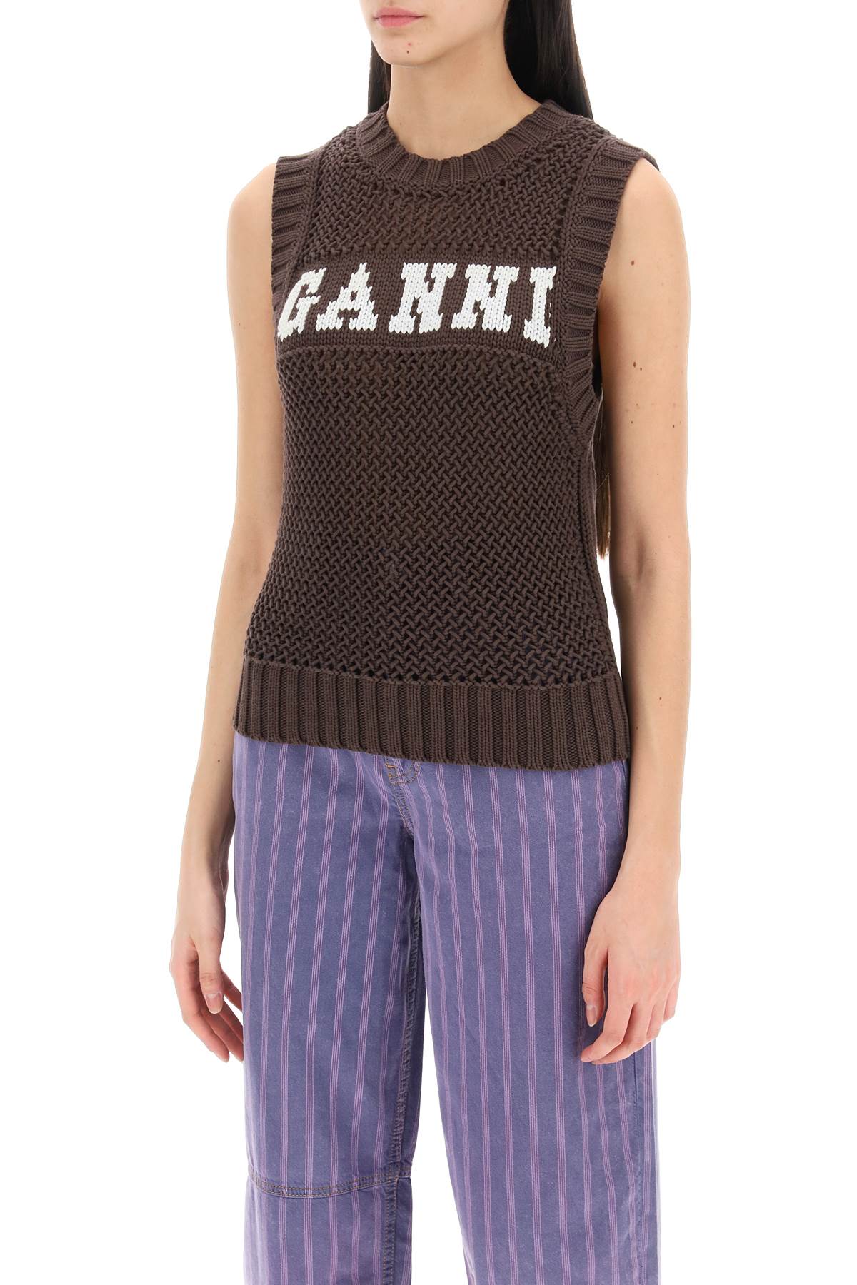 open-stitch knitted vest with logo