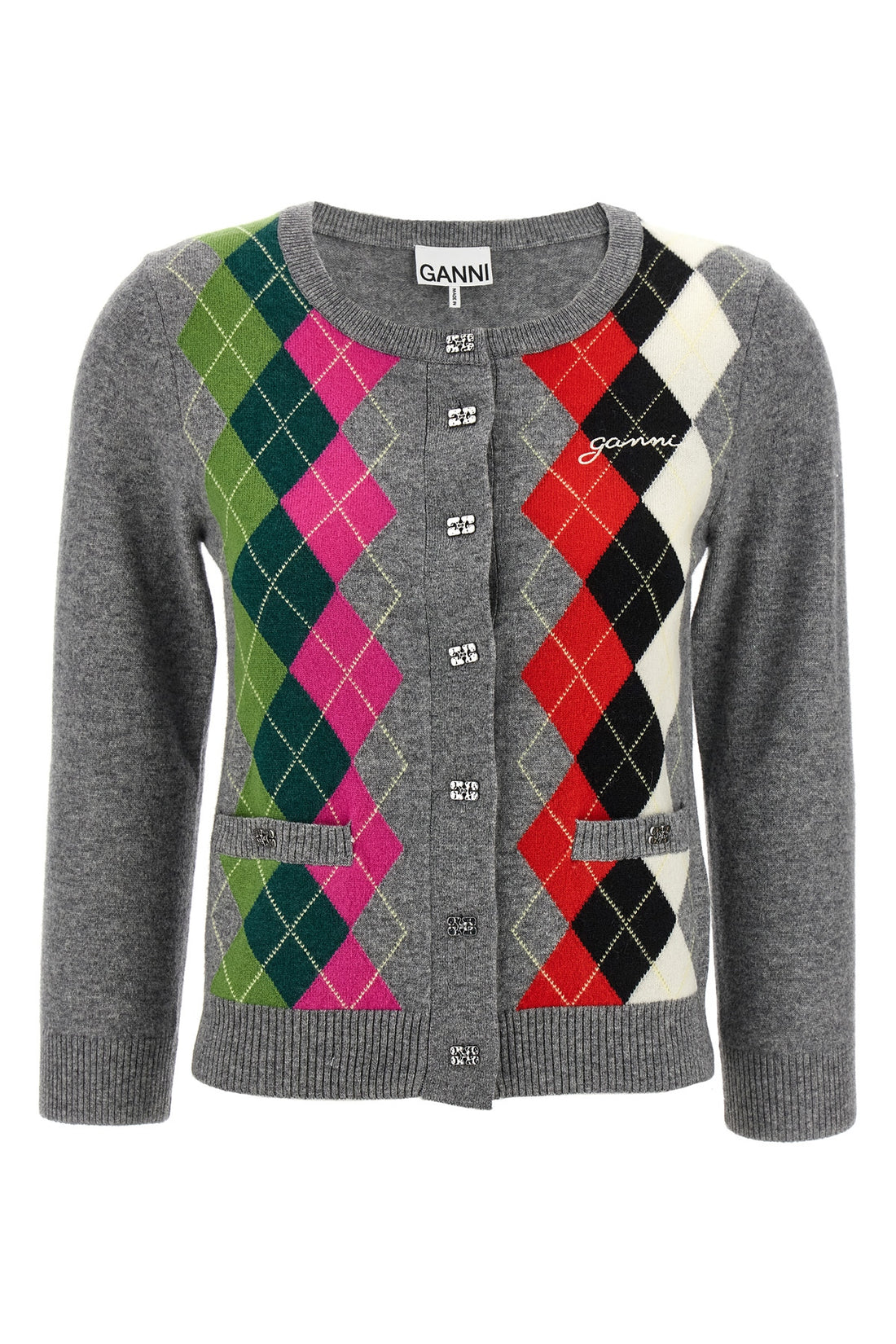 GANNI M grey check merino wool and cashmere blend cardigan