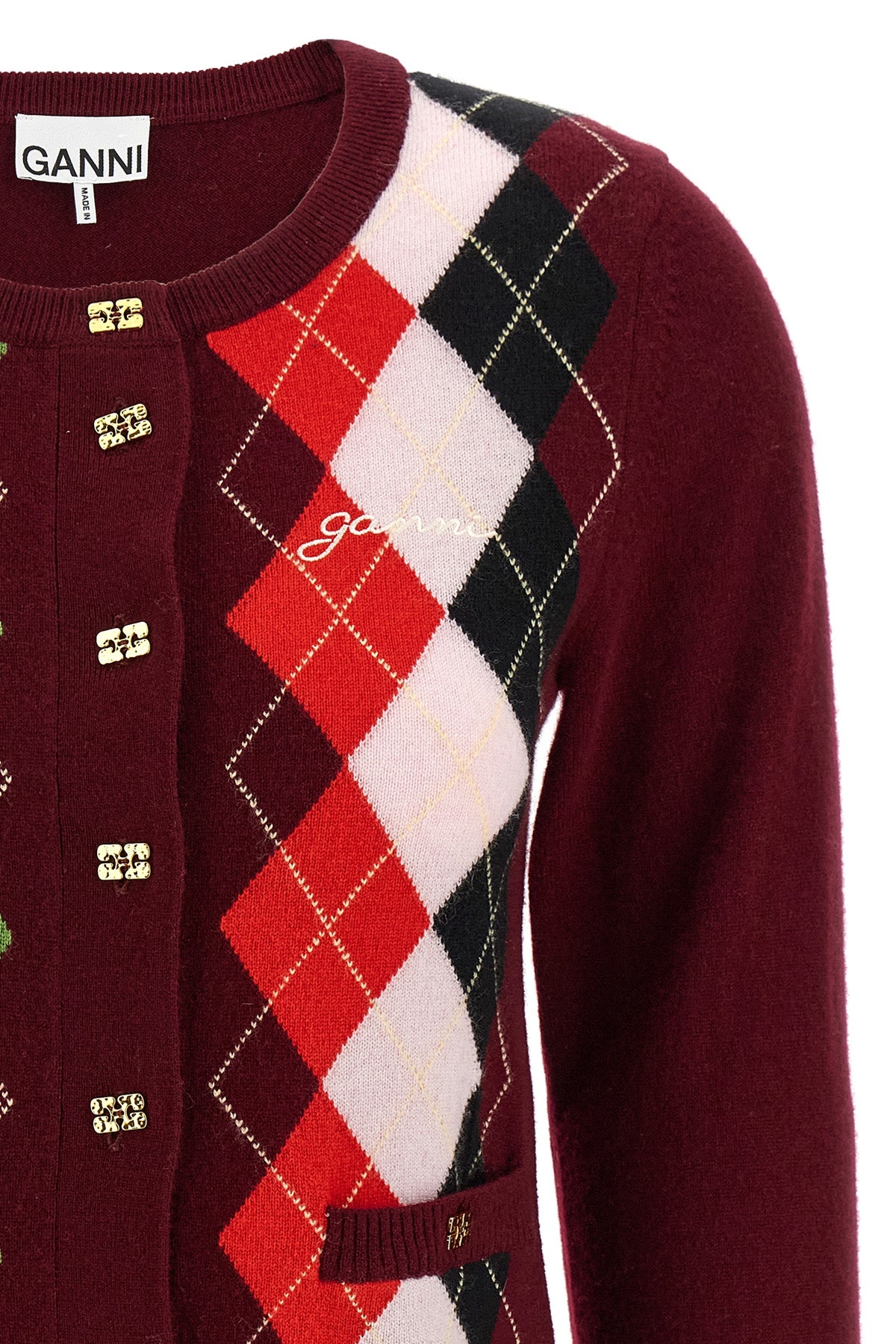 burgundy check merino wool and cashmere blend cardigan