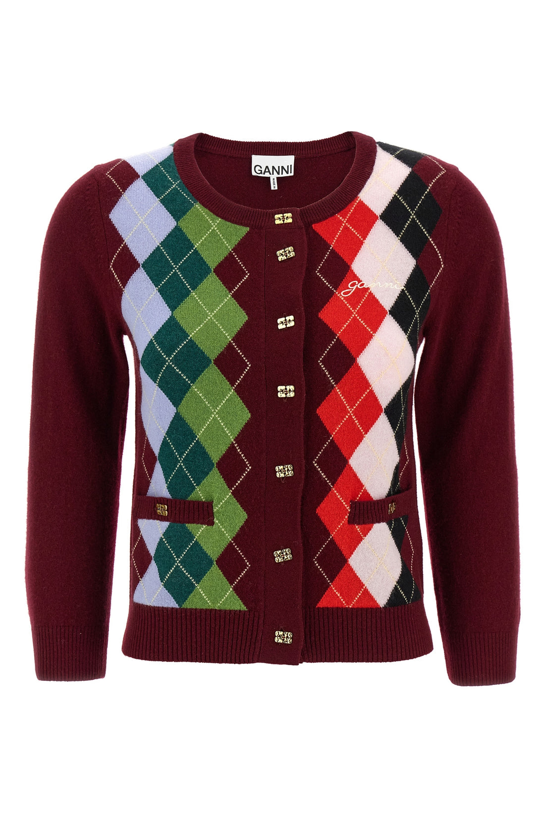 GANNI M burgundy check merino wool and cashmere blend cardigan