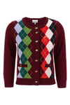 burgundy check merino wool and cashmere blend cardigan