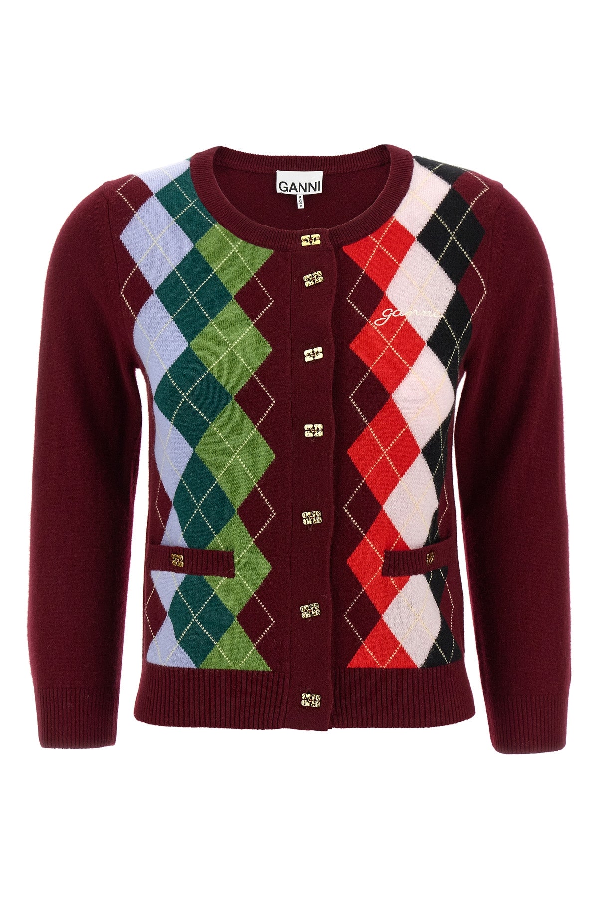 burgundy check merino wool and cashmere blend cardigan