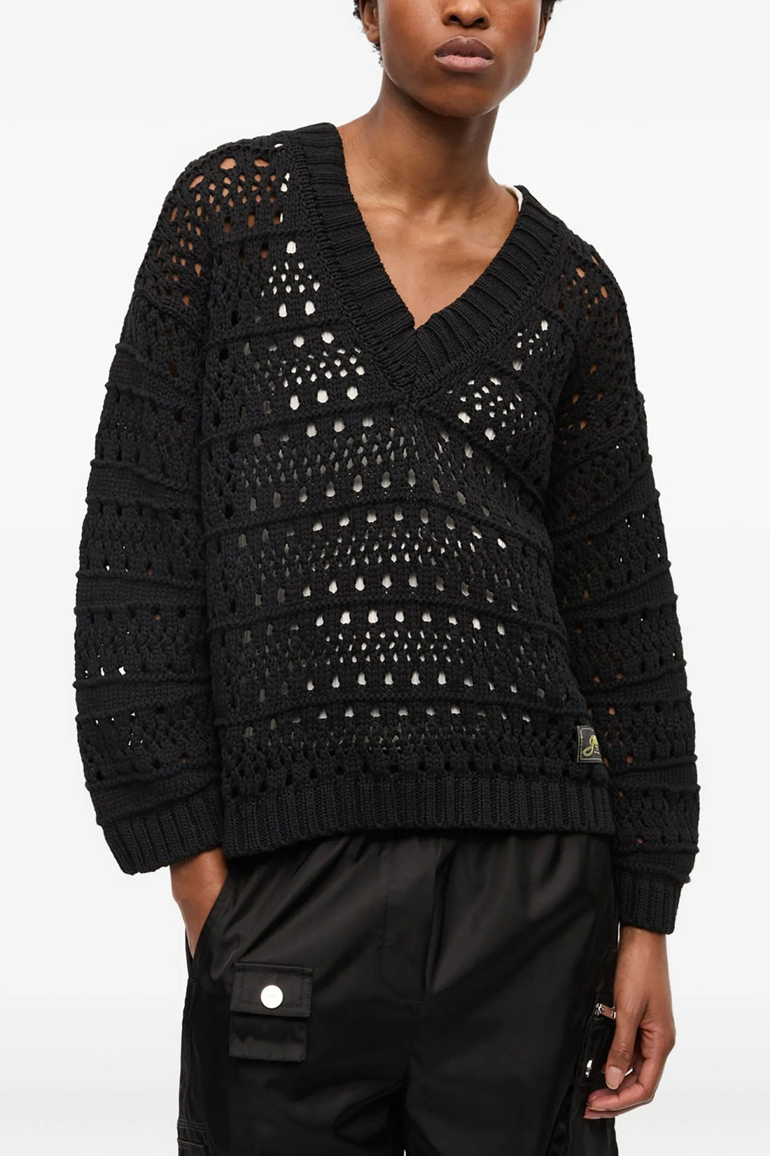 GANNI XXS-XS black crochet v-neck cotton blend sweater