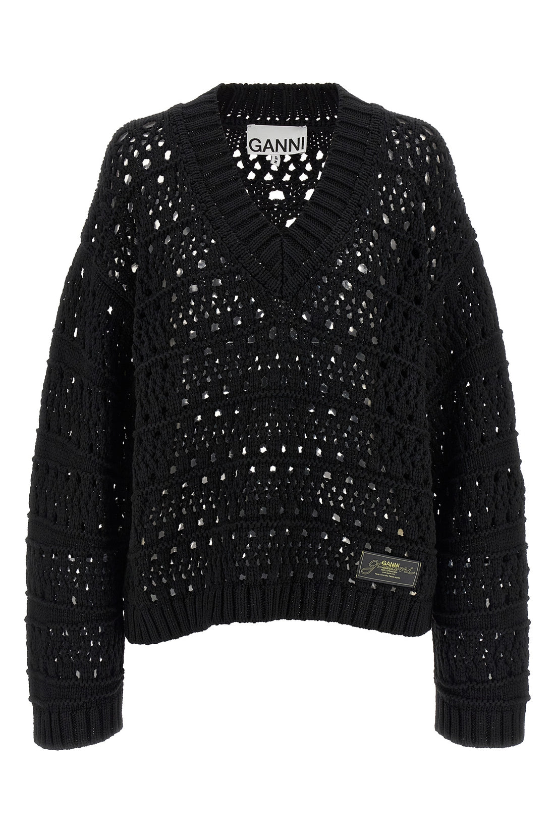 GANNI XXS-XS black crochet v-neck cotton blend sweater