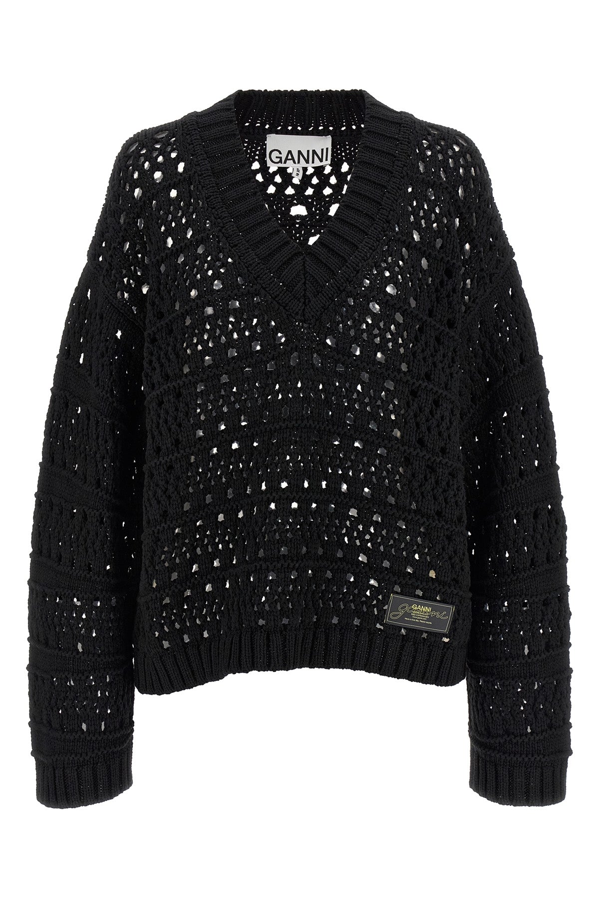 black crochet v-neck cotton blend sweater