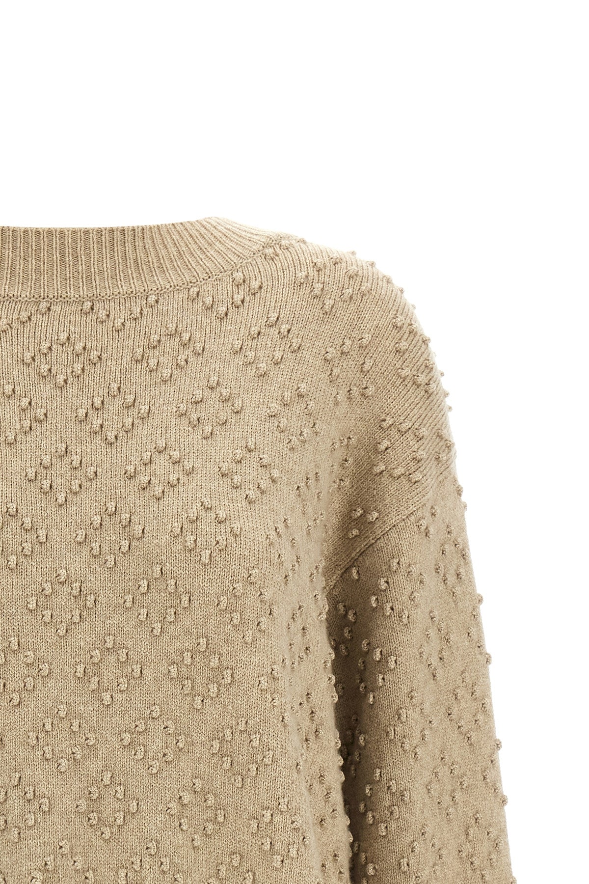 the agnona beige cashmere blend crew neck sweater stands out for its complex