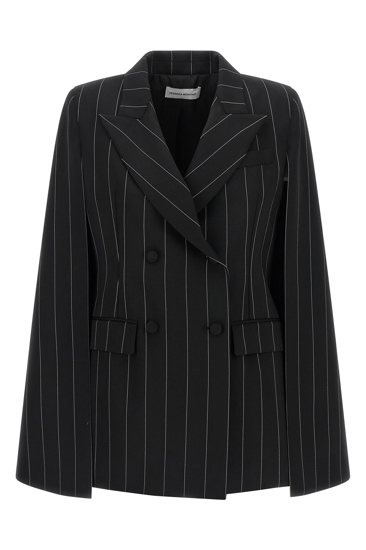 federica bonifaci tuxedo double-breasted cape redefines the codes of tradition