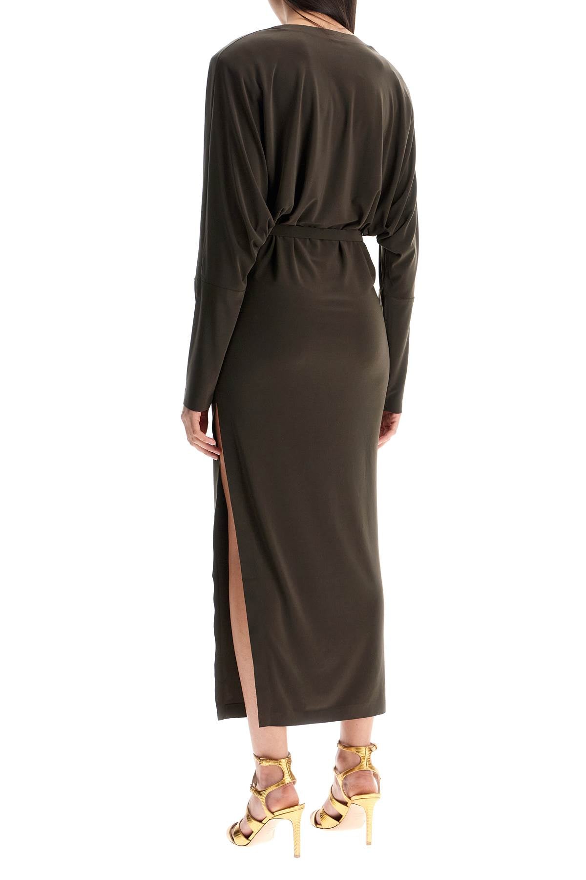 brown midi slim long dress with v-neck and side slit