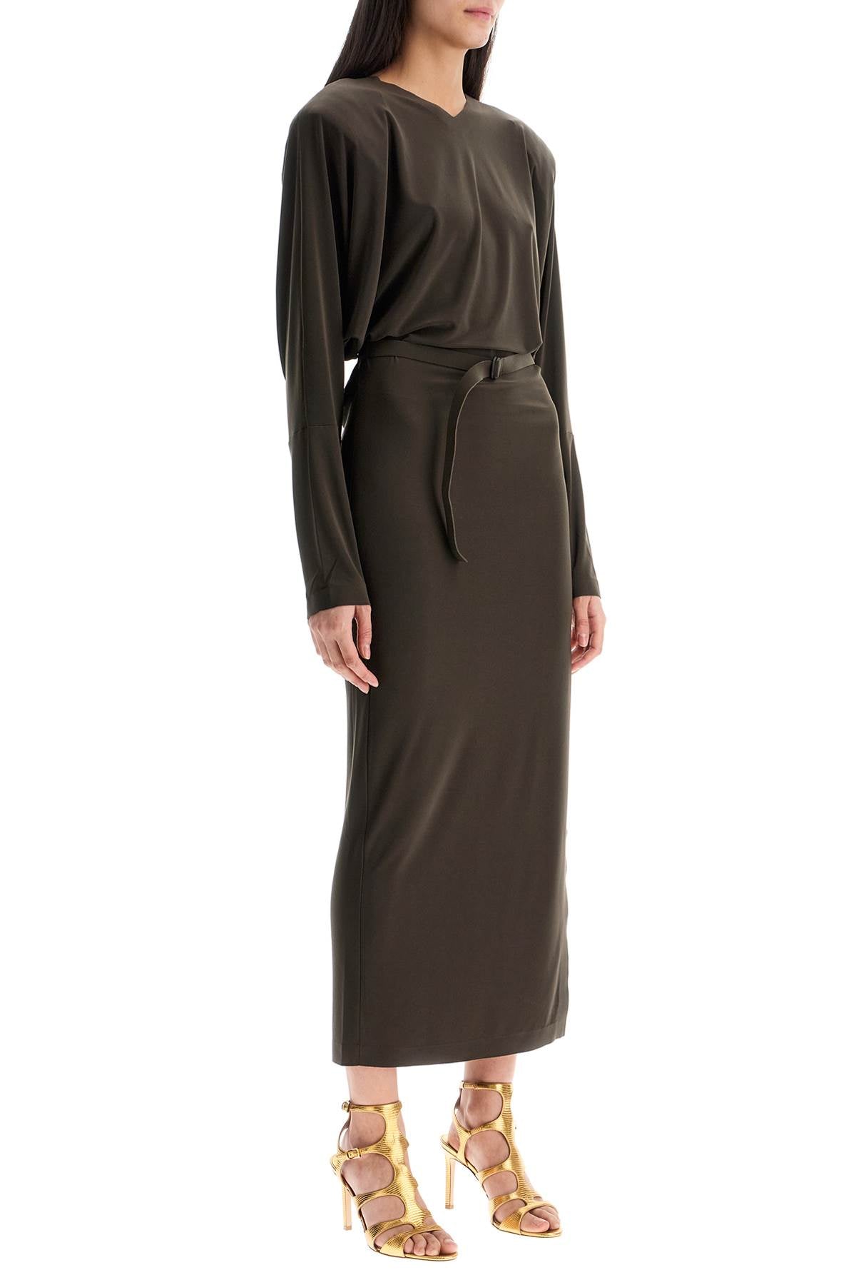 brown midi slim long dress with v-neck and side slit