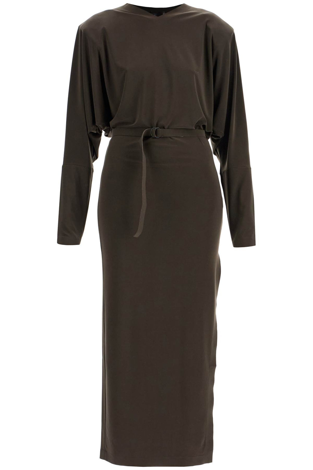 brown midi slim long dress with v-neck and side slit