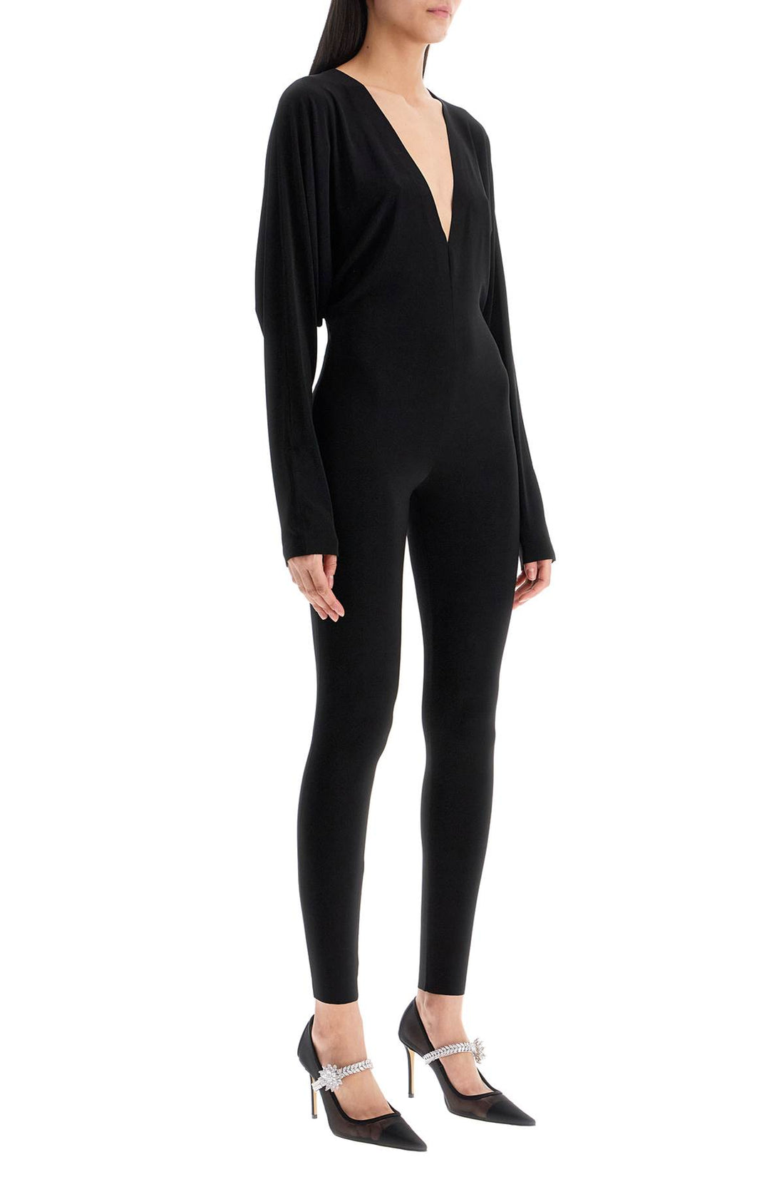 black slim fit long sleeve v neck jumpsuit