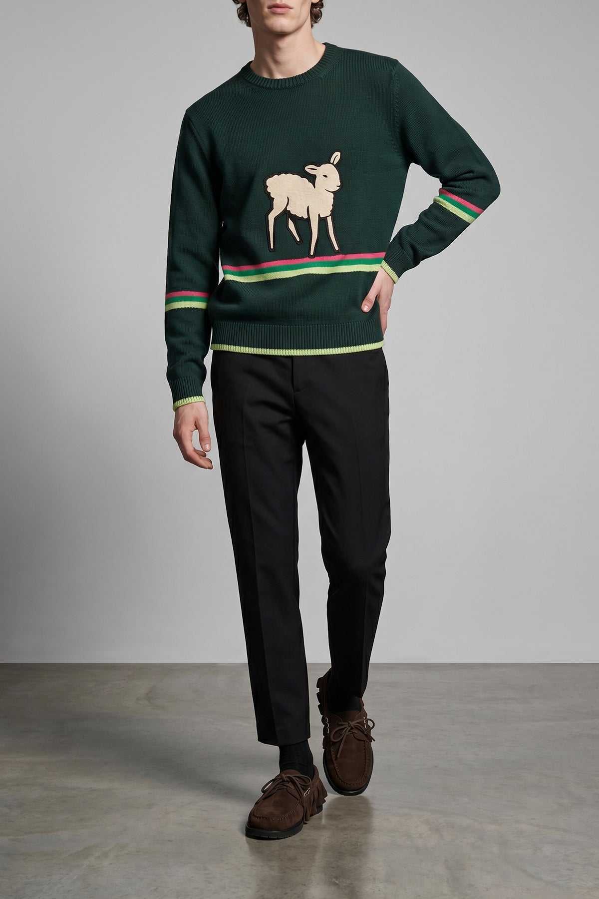 the jw anderson sheep dark green cotton crew neck sweater