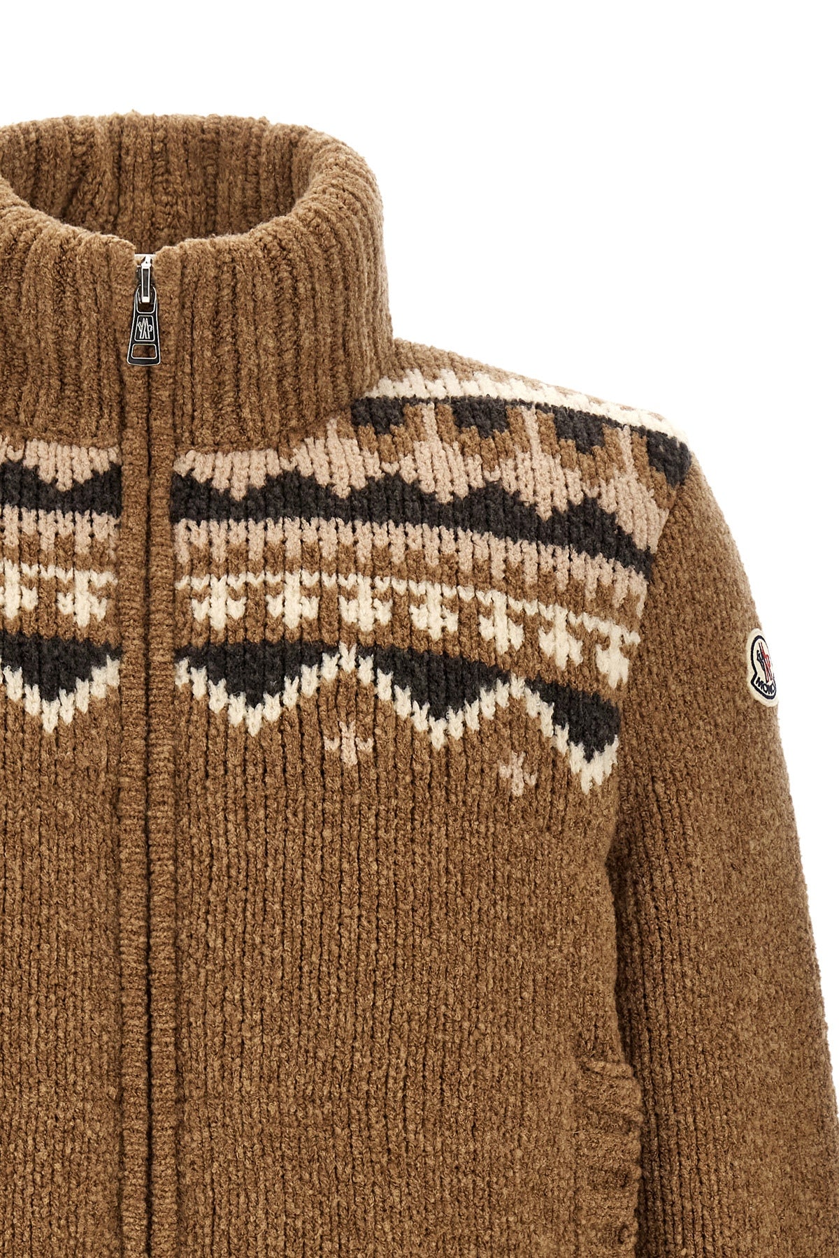 the moncler feather-padded cardigan in brown bouclé virgin wool blend