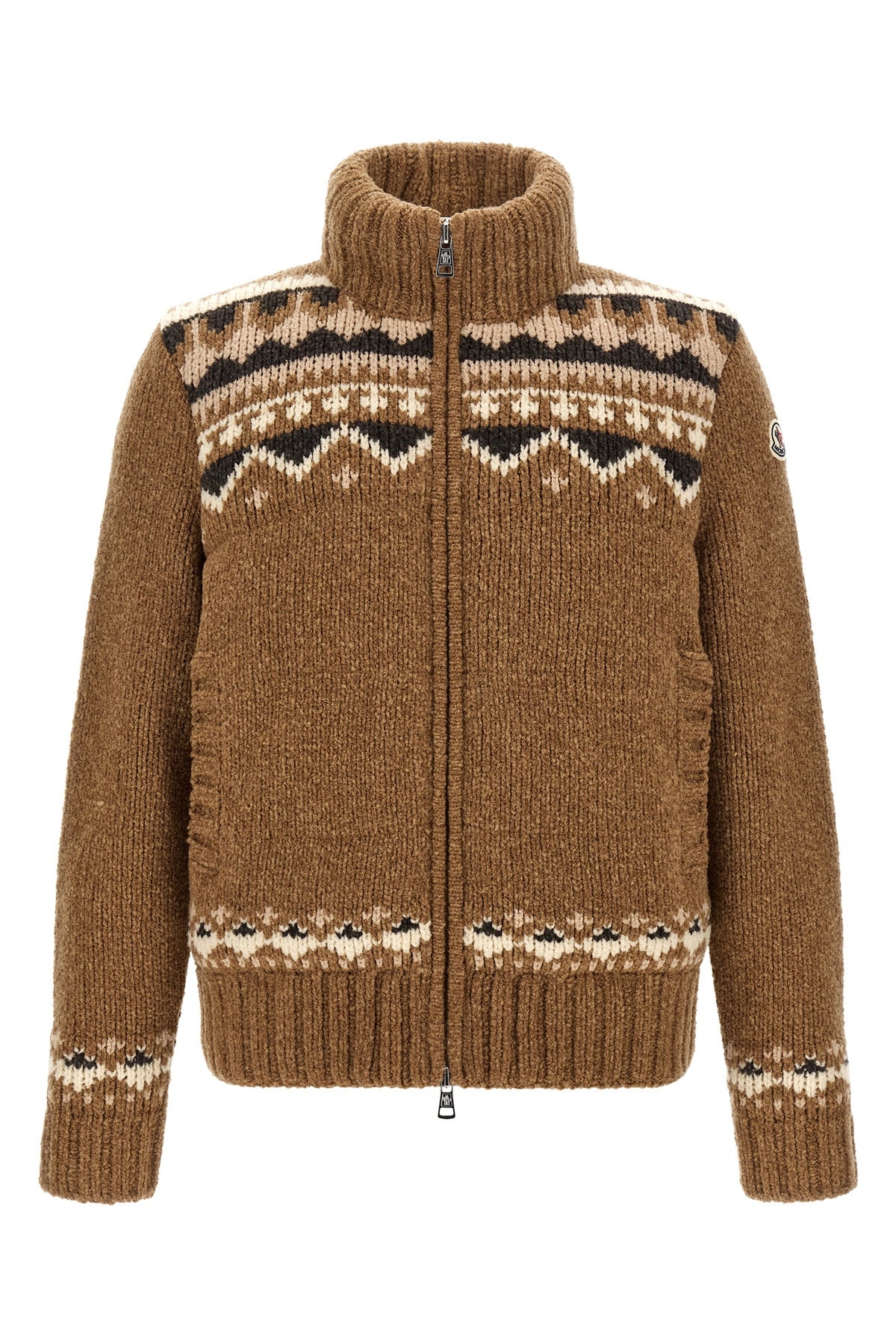 the moncler feather-padded cardigan in brown bouclé virgin wool blend