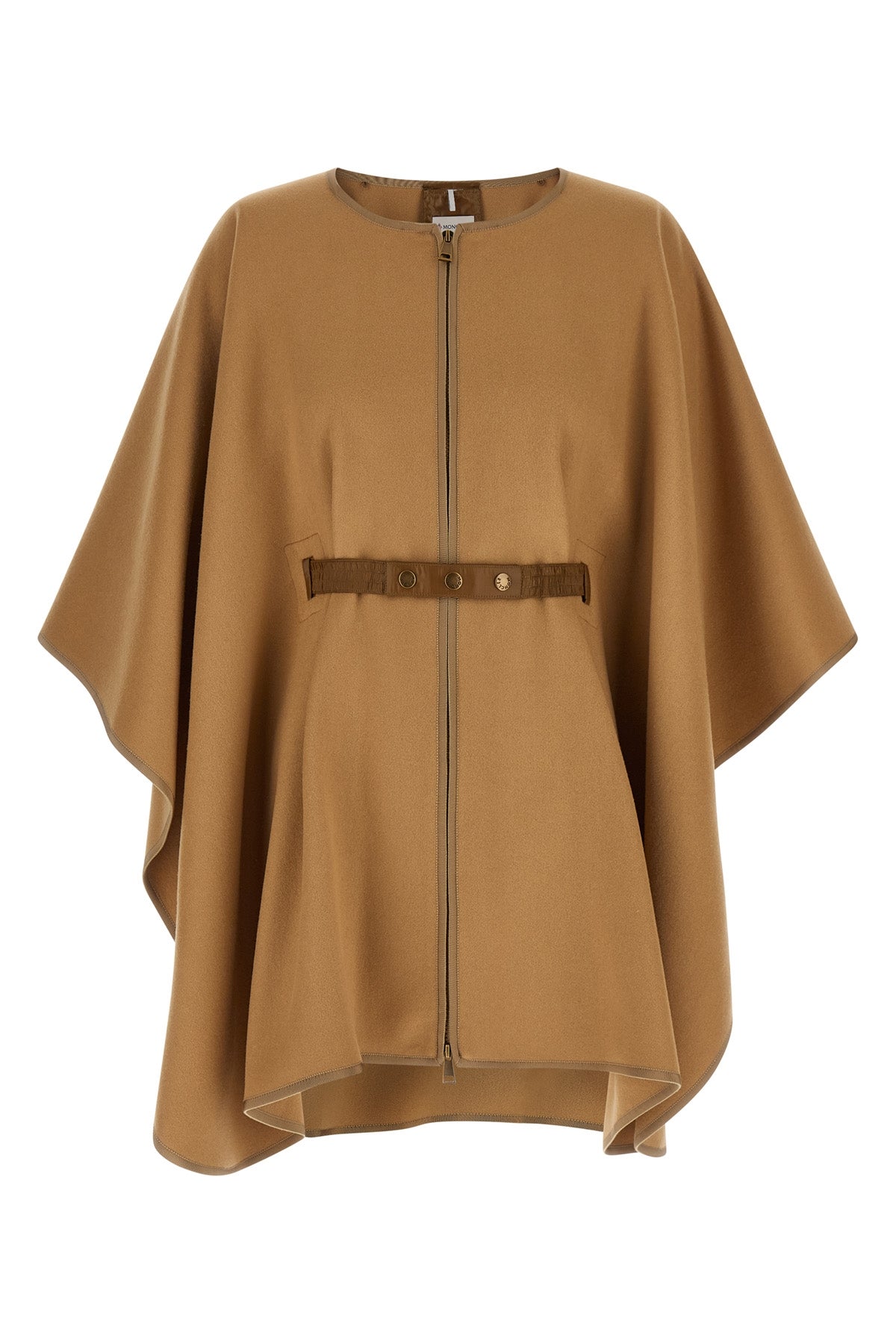 the moncler virgin wool blend cape is distinguished by a draped silhouette and m