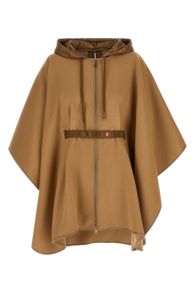 the moncler virgin wool blend cape is distinguished by a draped silhouette and m