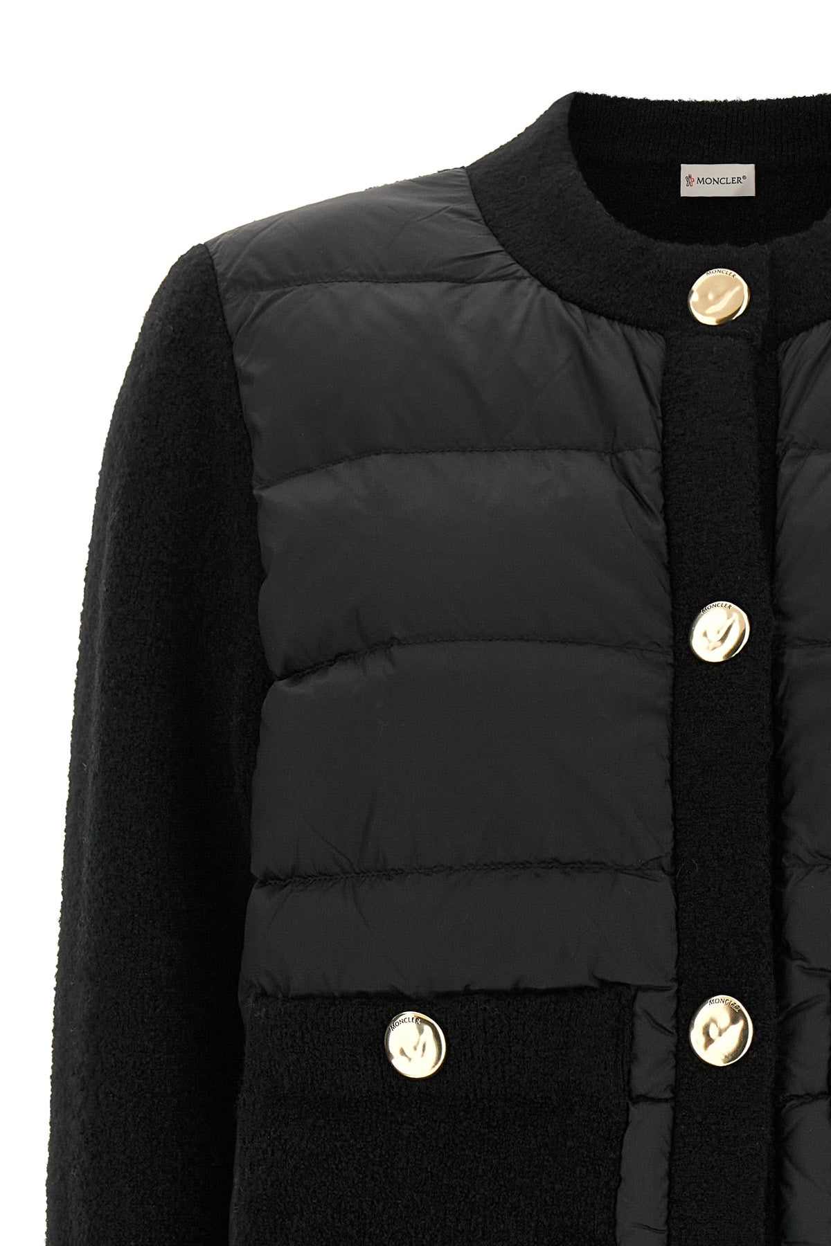 the moncler cardigan skilfully combines volumes and contrasting textures