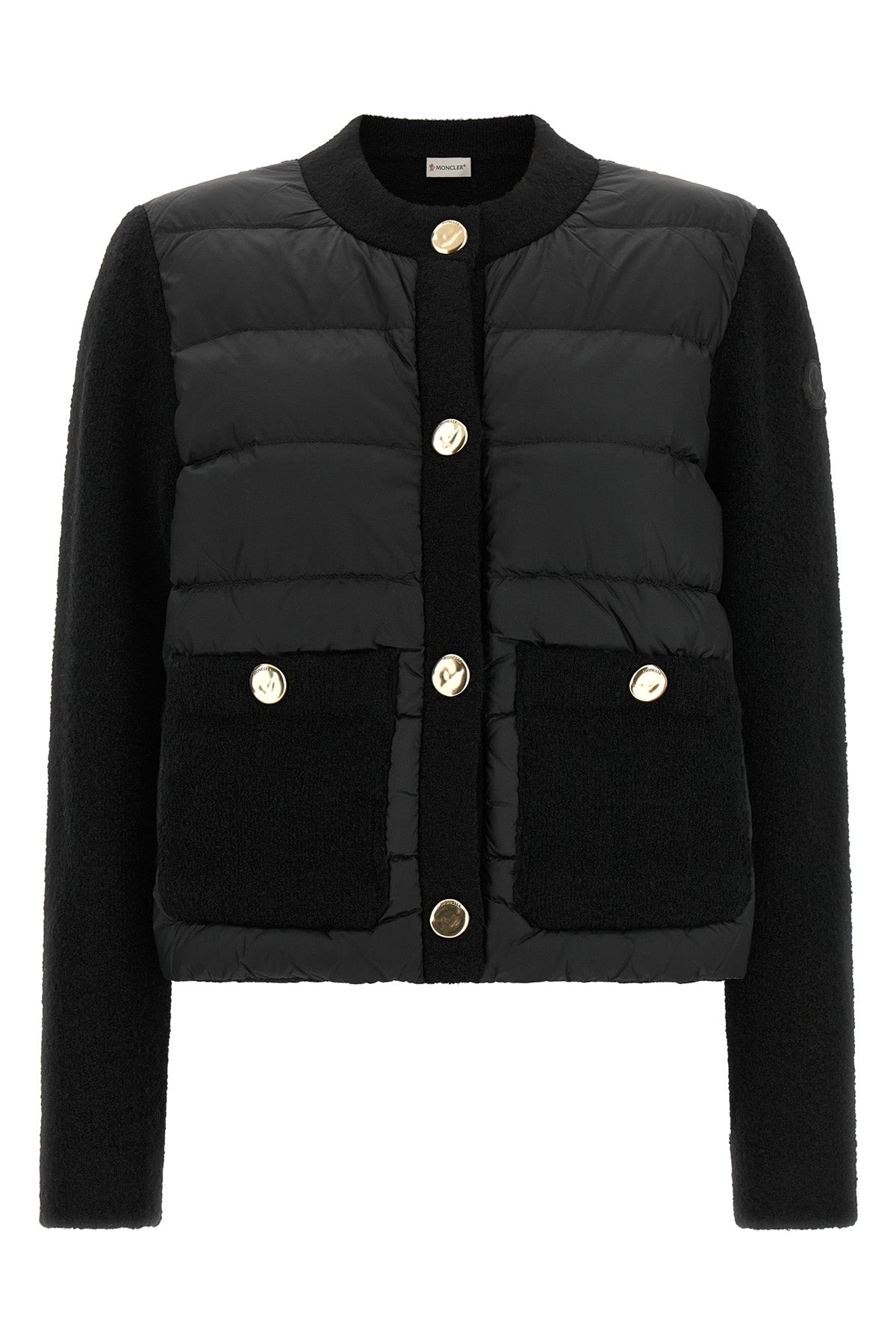 the moncler cardigan skilfully combines volumes and contrasting textures
