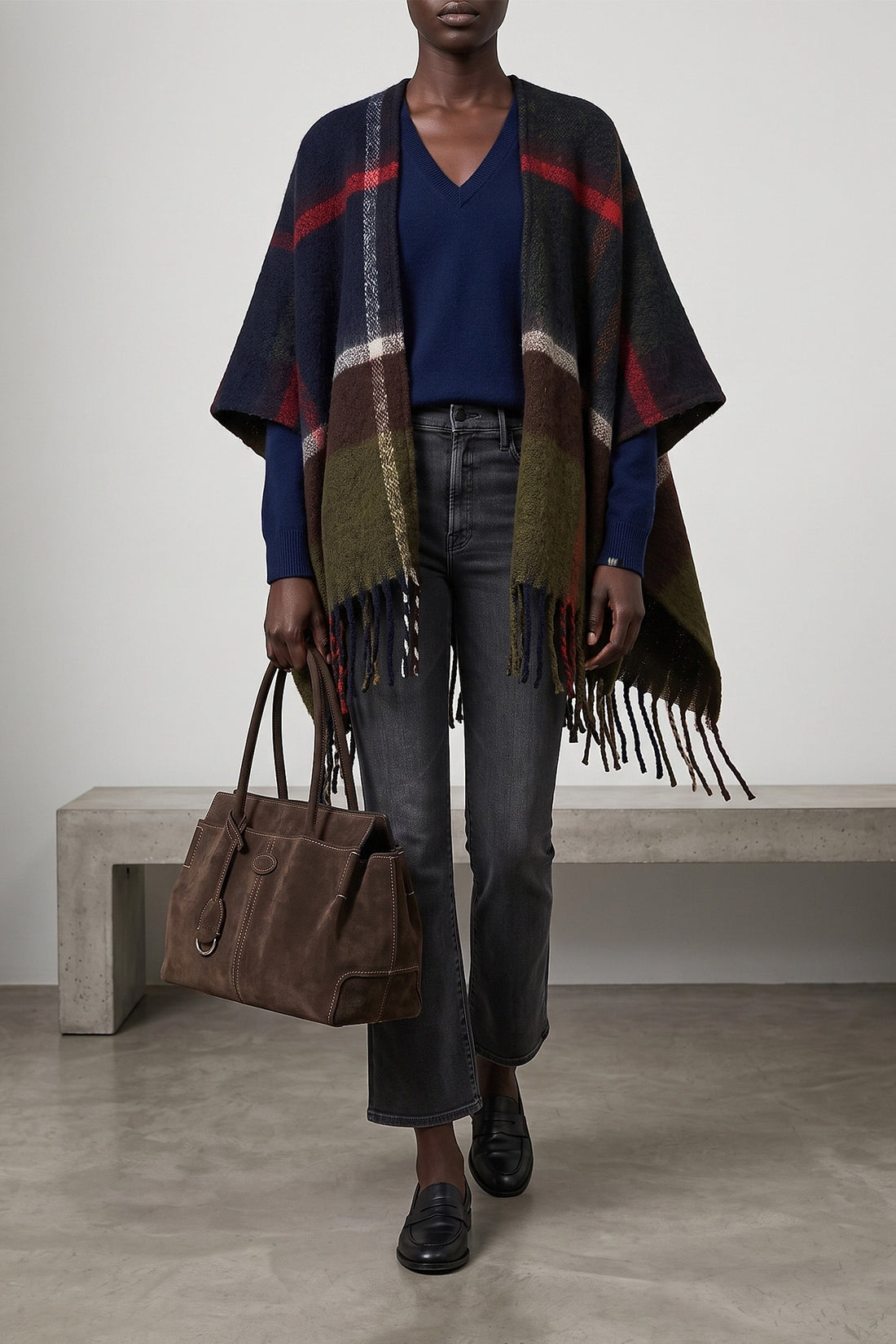 BARBOUR OS isla boucle serape cape in all-over check print knit