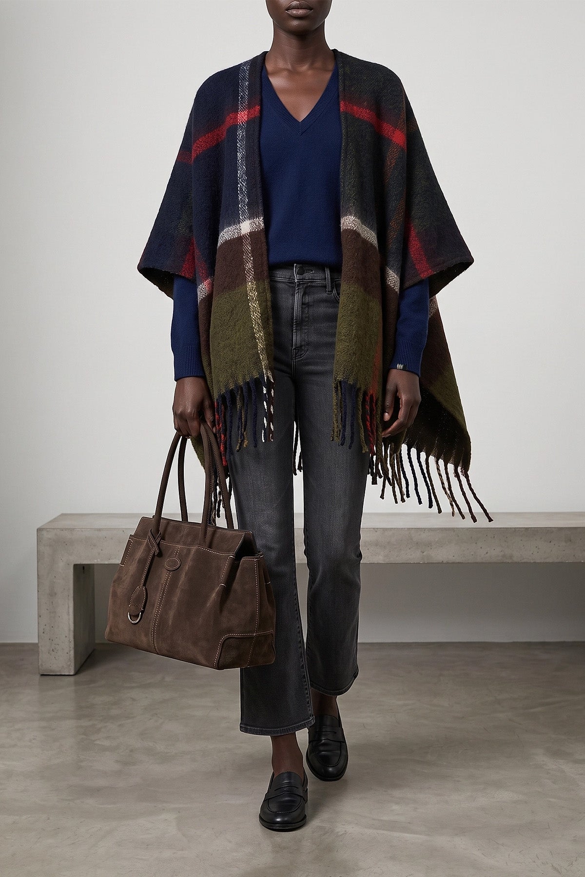 isla boucle serape cape in all-over check print knit