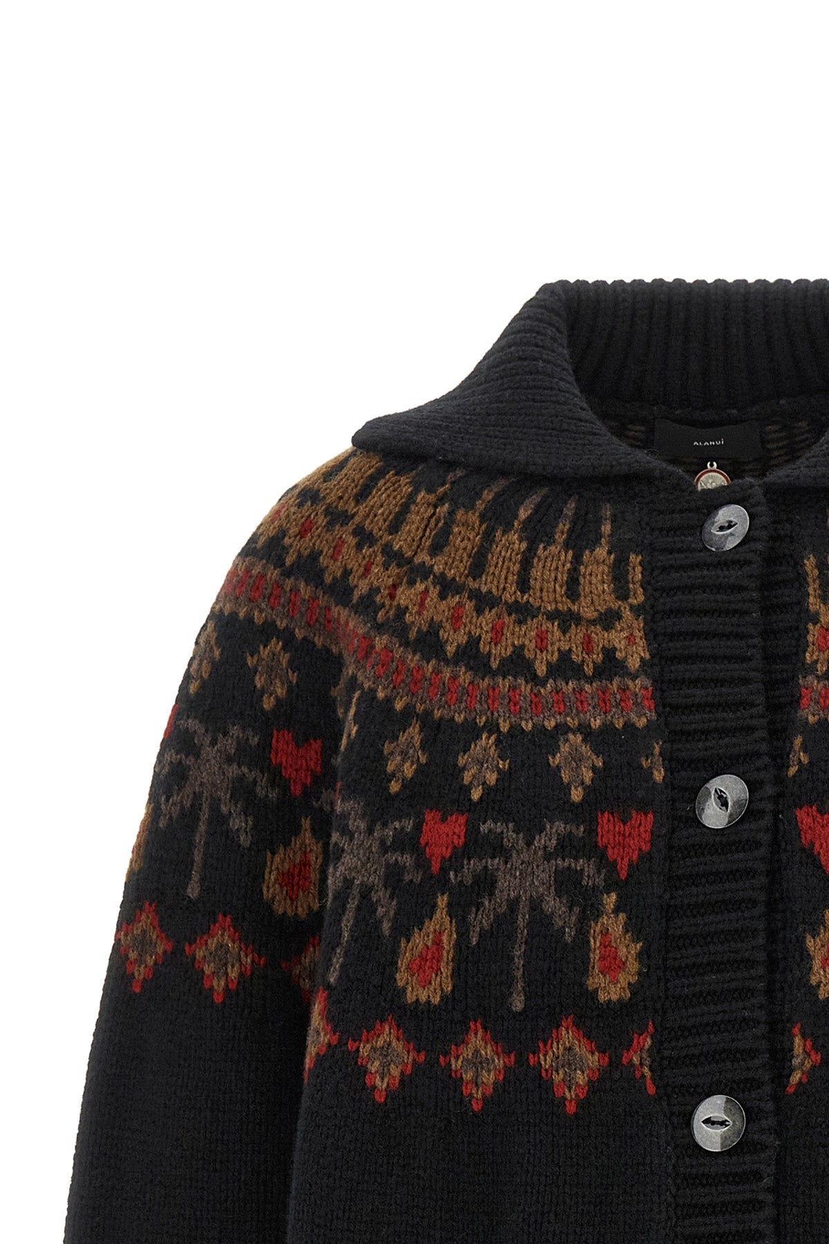 the alanui sweet winter cardigan is distinguished by a complex jacquard workma