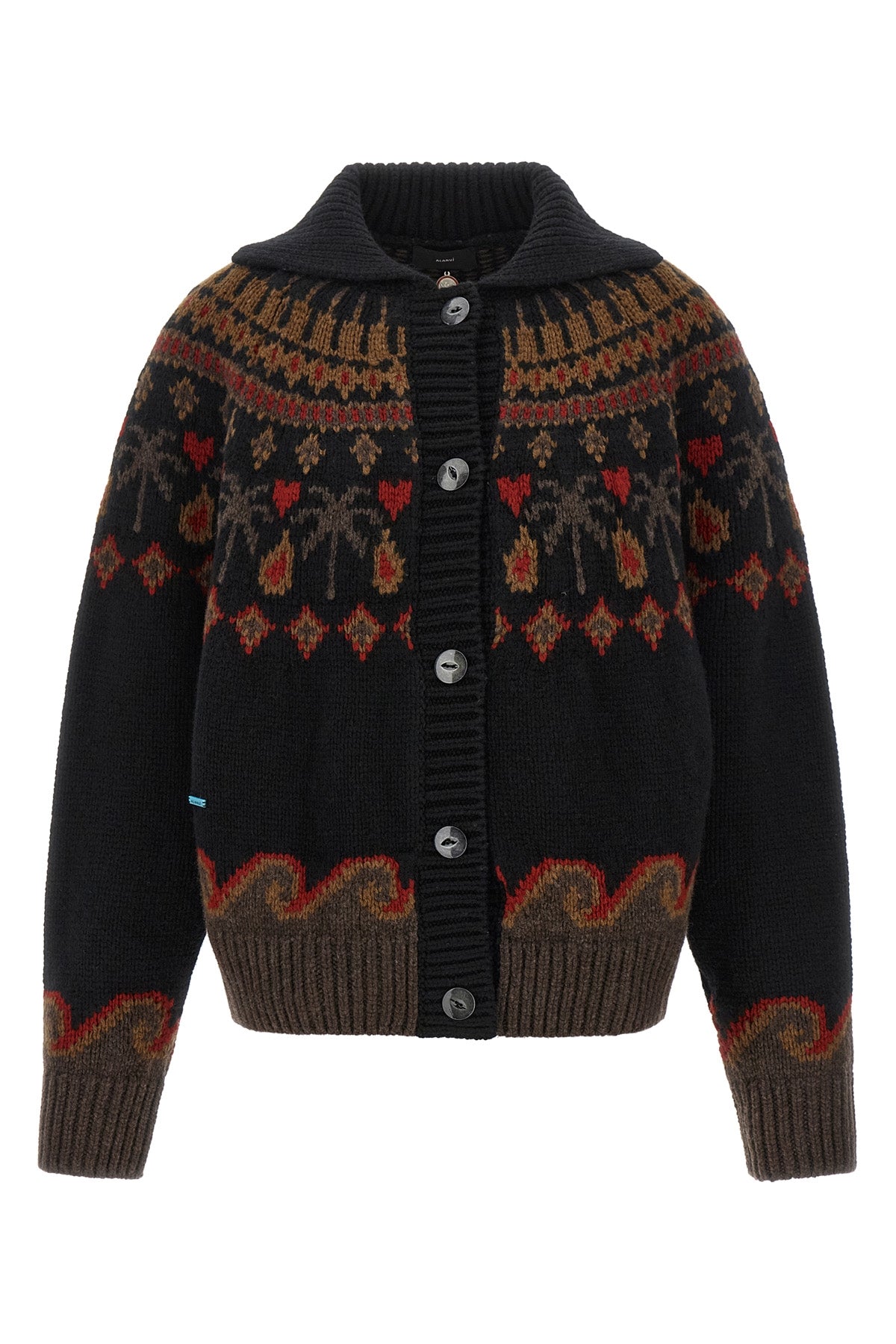the alanui sweet winter cardigan is distinguished by a complex jacquard workma