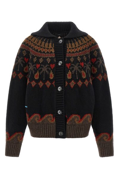 the alanui sweet winter cardigan is distinguished by a complex jacquard workma