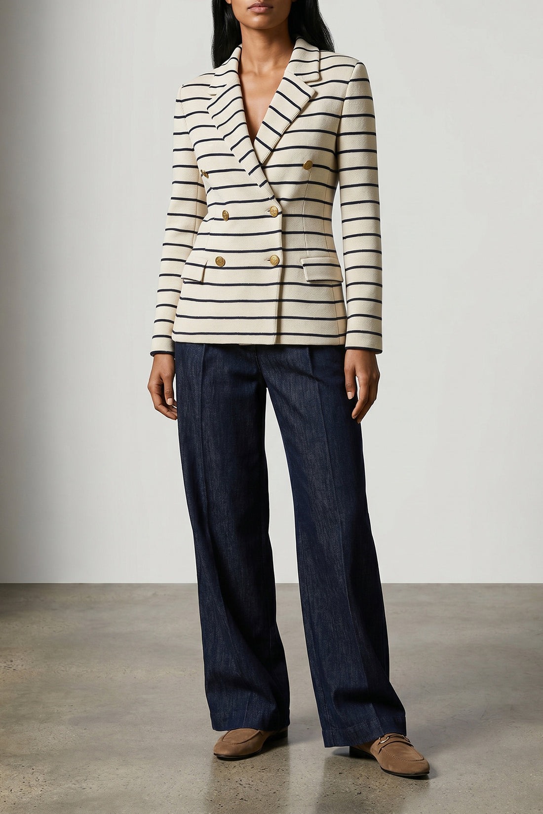BRUNELLO CUCINELLI 46 double-breasted marinière style cotton knit blazer