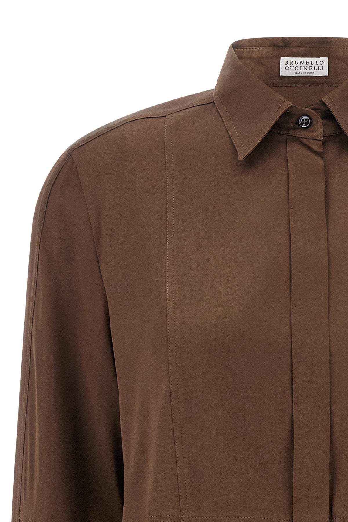 the brunello cucinelli shirt in chocolate brown stretch silk satin redefines the