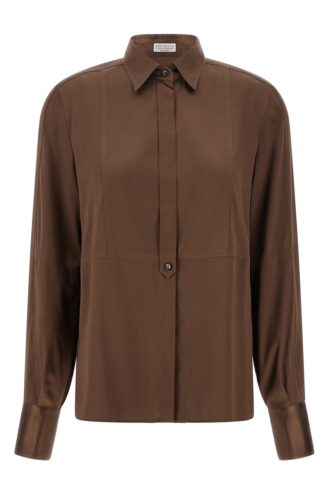 BRUNELLO CUCINELLI L the brunello cucinelli shirt in chocolate brown stretch silk satin redefines the