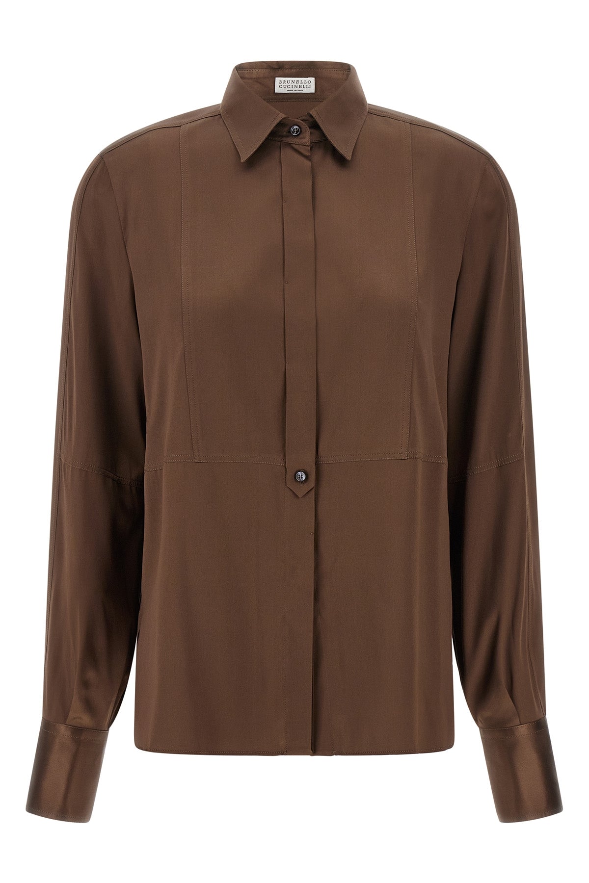 the brunello cucinelli shirt in chocolate brown stretch silk satin redefines the