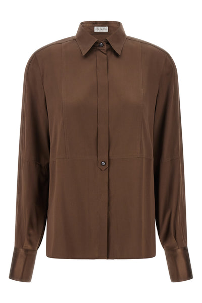 the brunello cucinelli shirt in chocolate brown stretch silk satin redefines the