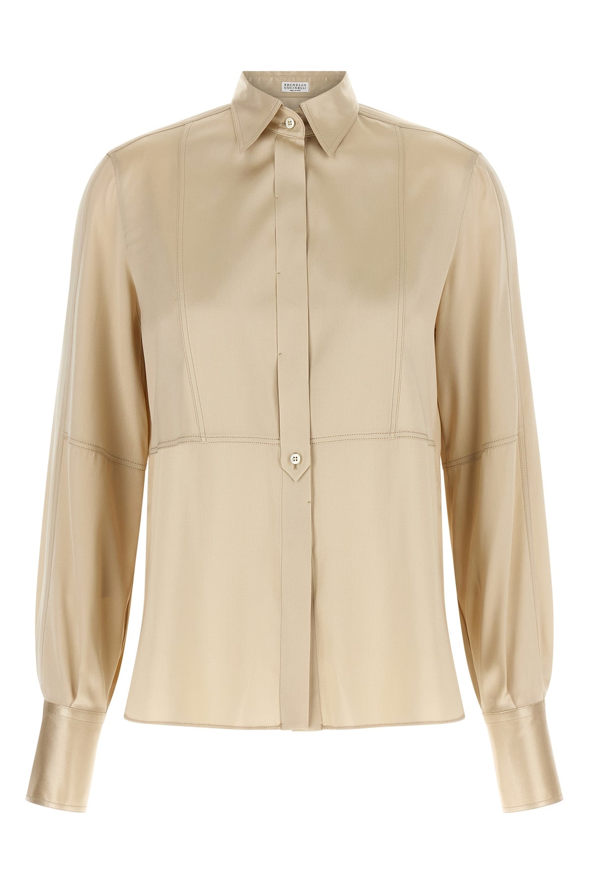 the brunello cucinelli shirt in fine stretch silk satin stands out for its sophi
