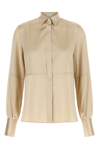 the brunello cucinelli shirt in fine stretch silk satin stands out for its sophi