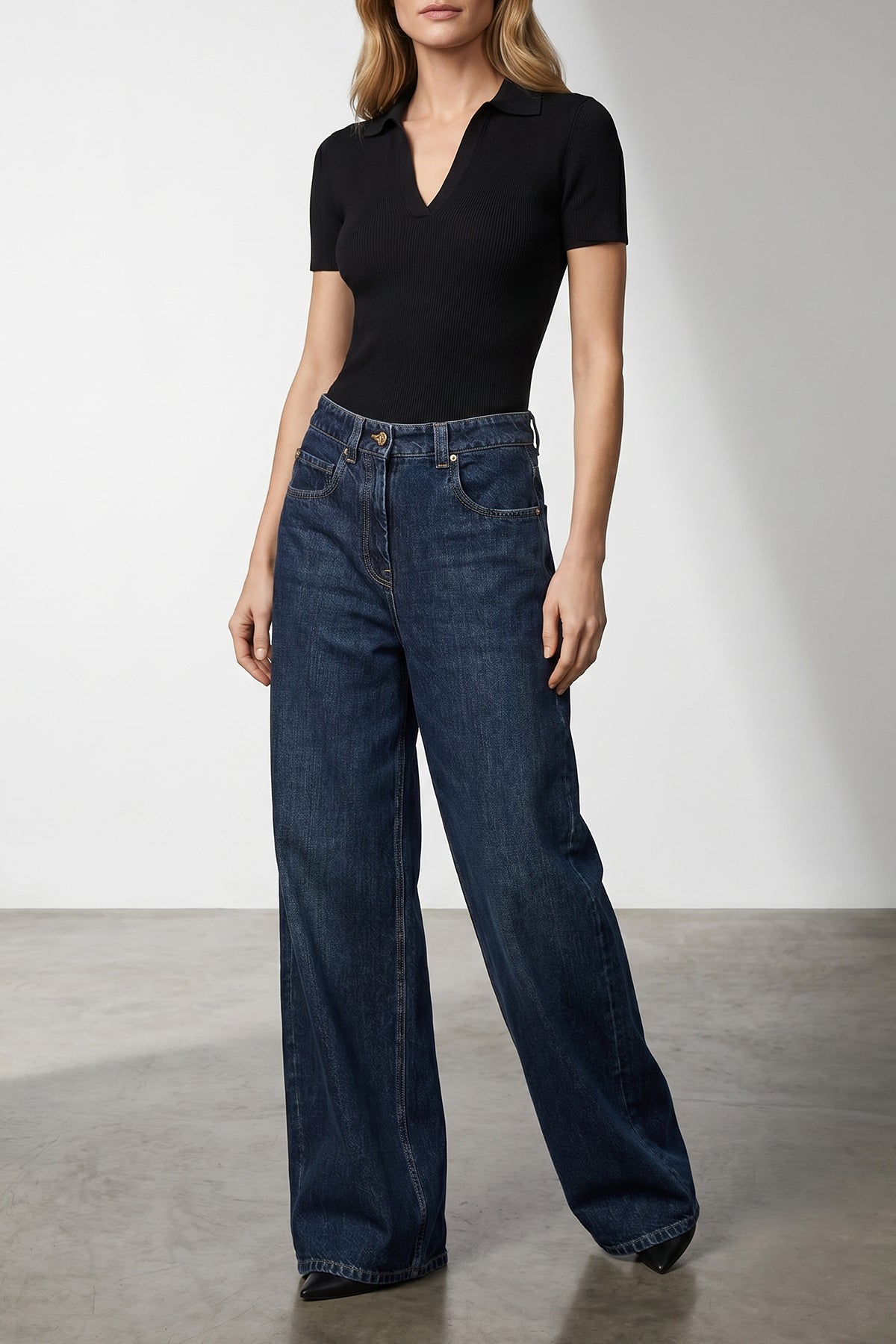 wide barrel full lenght mid-rise jeans in cotton denim
