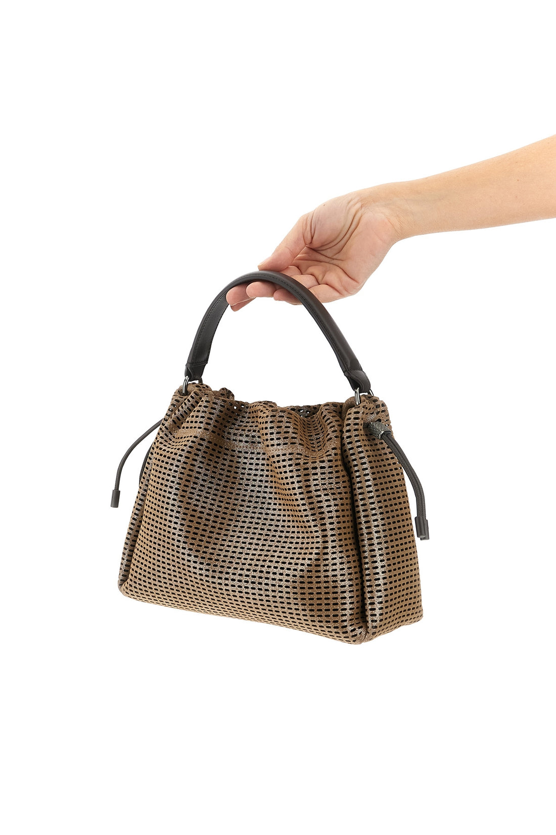 BRUNELLO CUCINELLI OS small bucket mellow handbag in metallic-effect sparkling net leather and smo