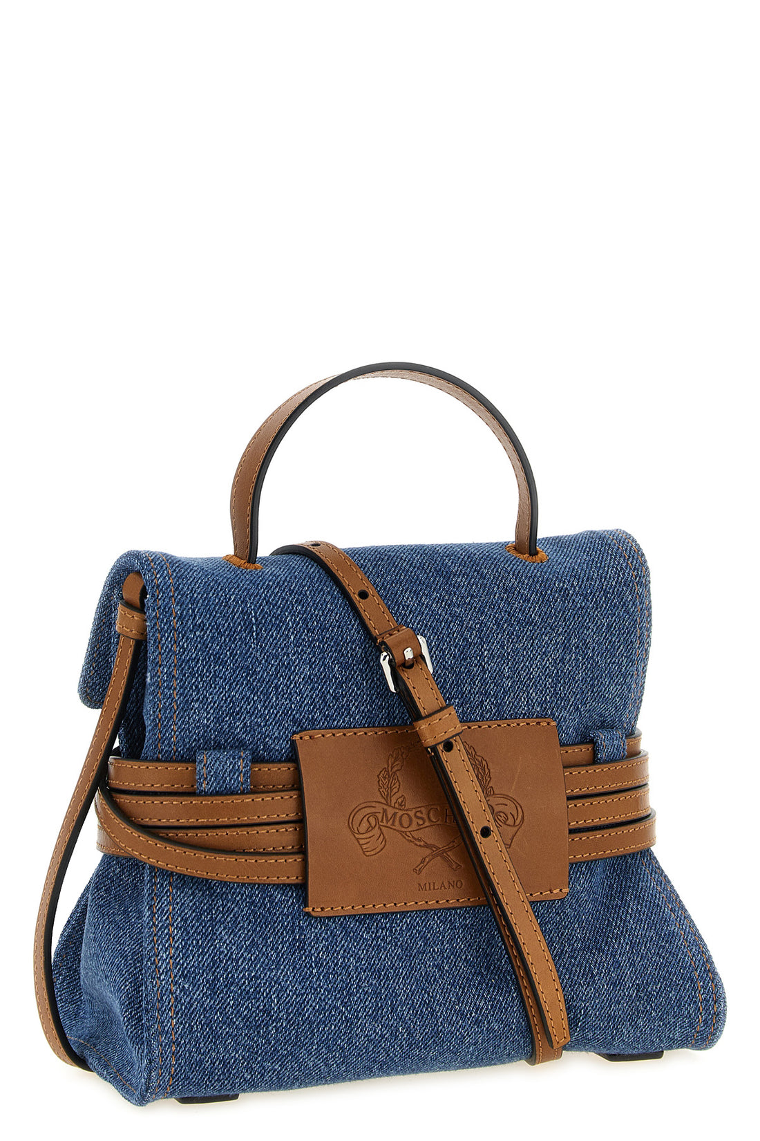 MOSCHINO OS moschino tie me small denim handbag reinterprets urban codes through a contras