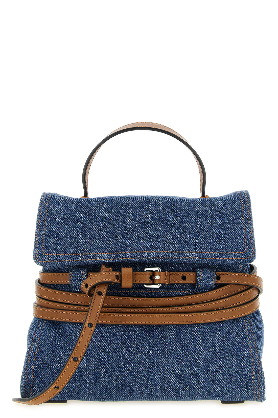 MOSCHINO OS moschino tie me small denim handbag reinterprets urban codes through a contras