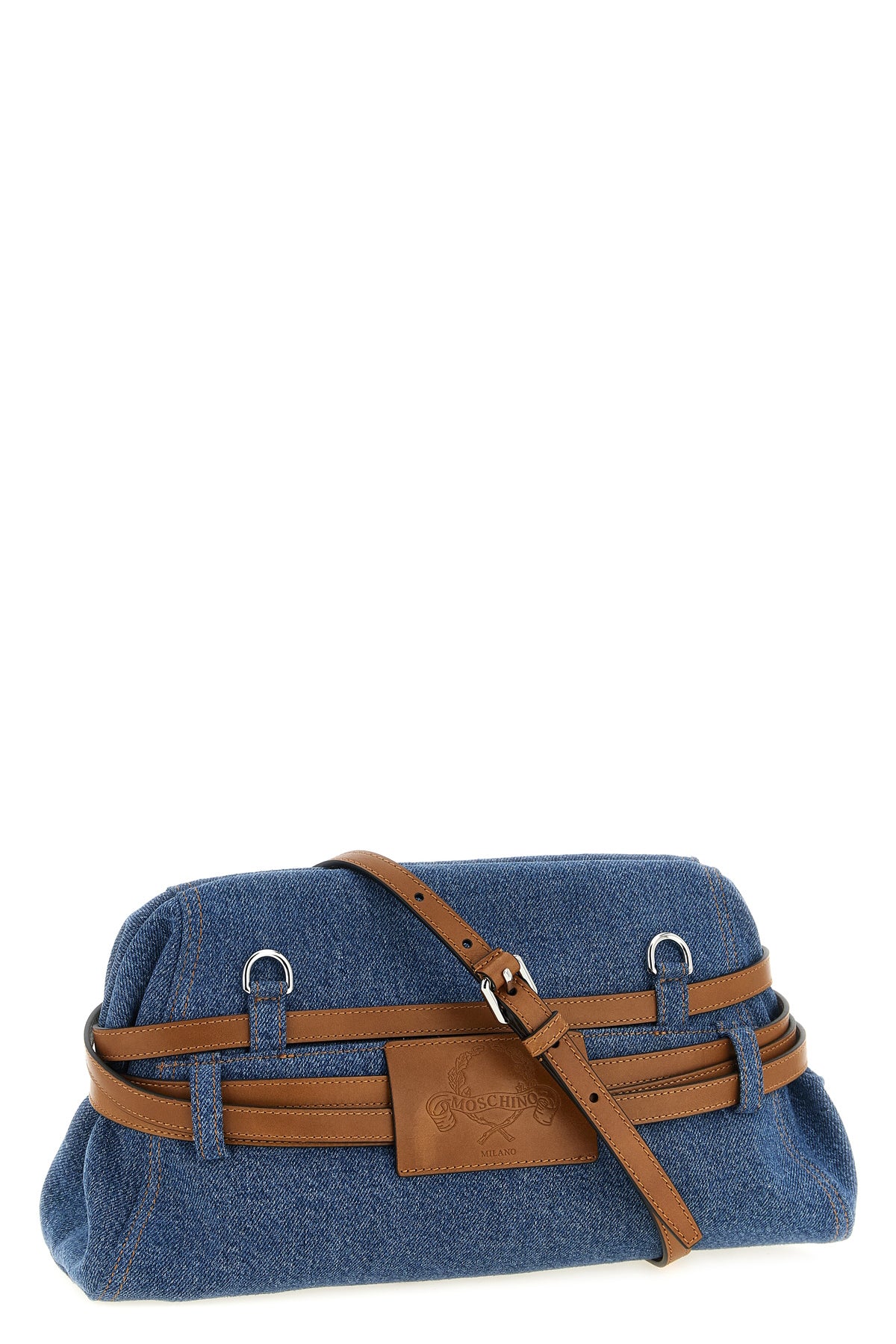 moschinos large tie me cotton denim clutch stands out for its unstructured si