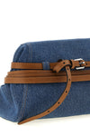 moschinos large tie me cotton denim clutch stands out for its unstructured si