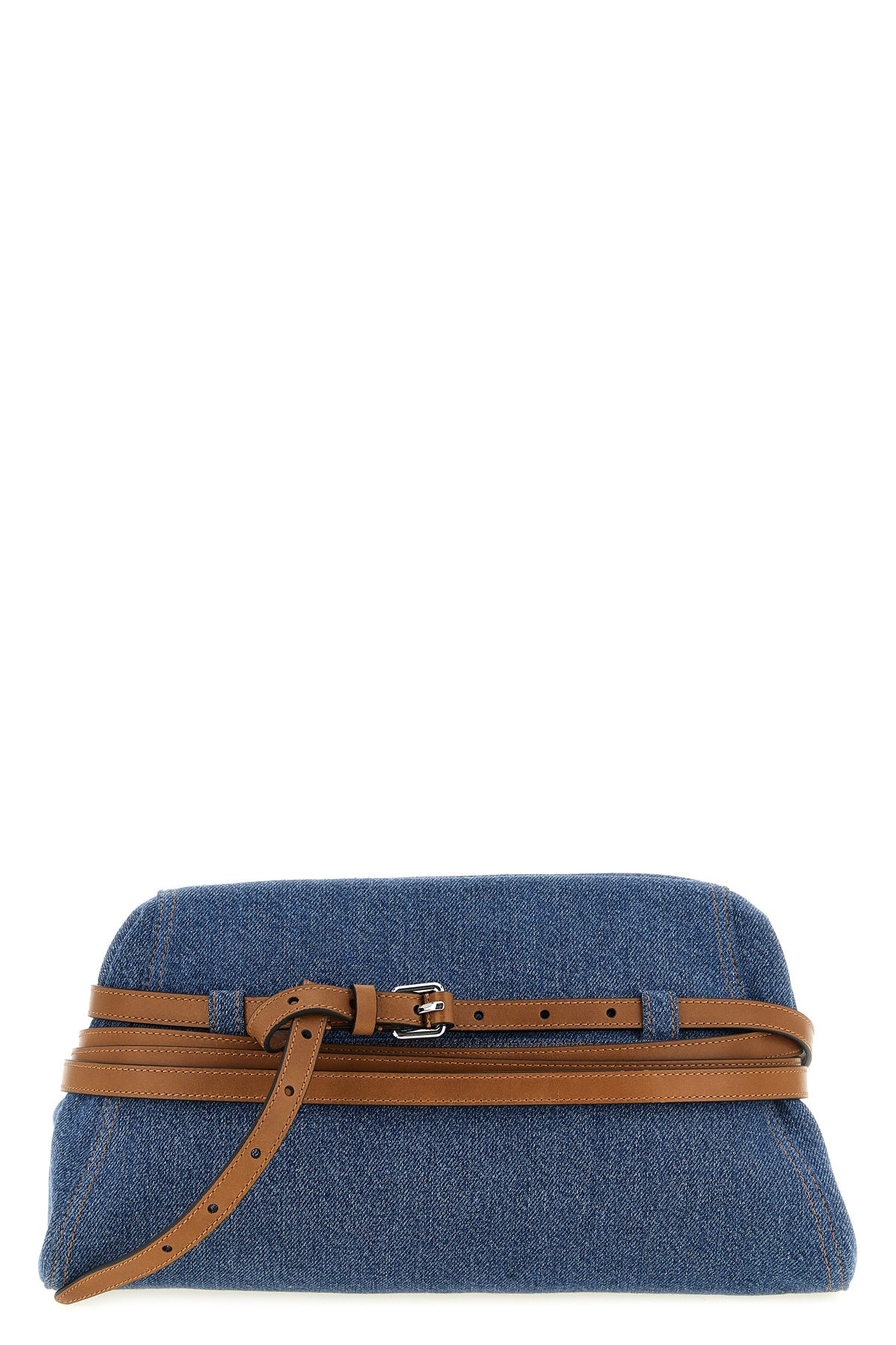 moschinos large tie me cotton denim clutch stands out for its unstructured si