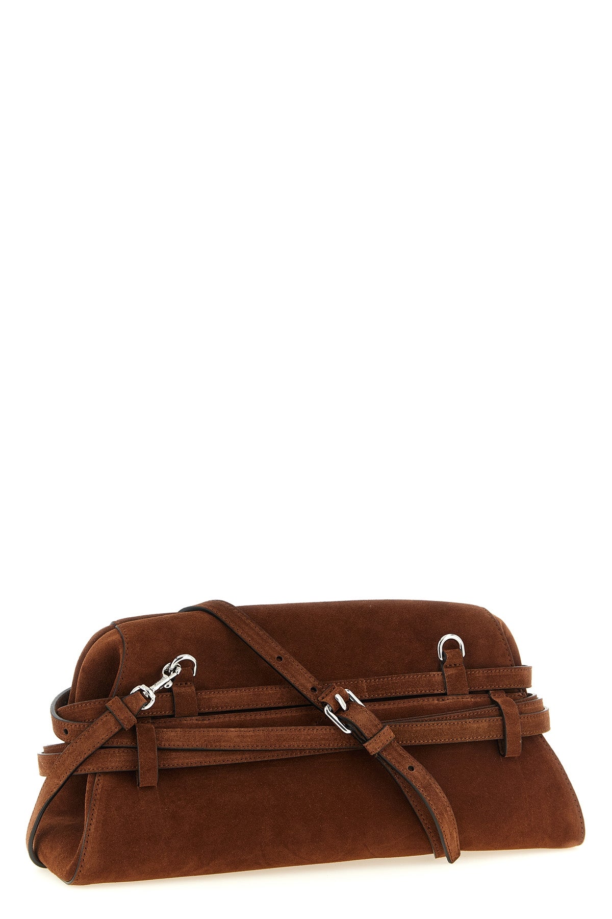 the moschino large tie me cutch in soft tobacco-colored suede stands out for i