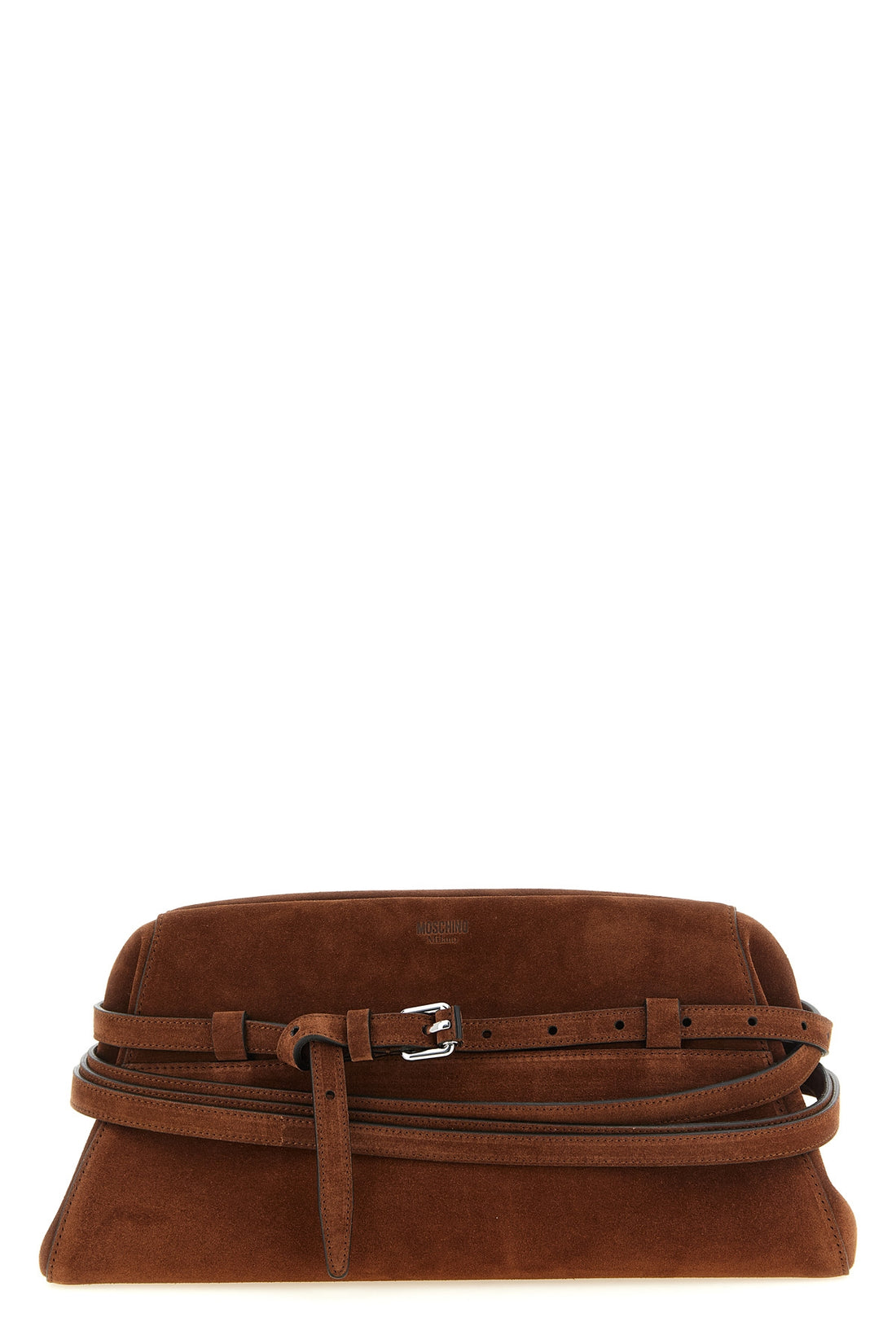 MOSCHINO OS the moschino large tie me cutch in soft tobacco-colored suede stands out for i