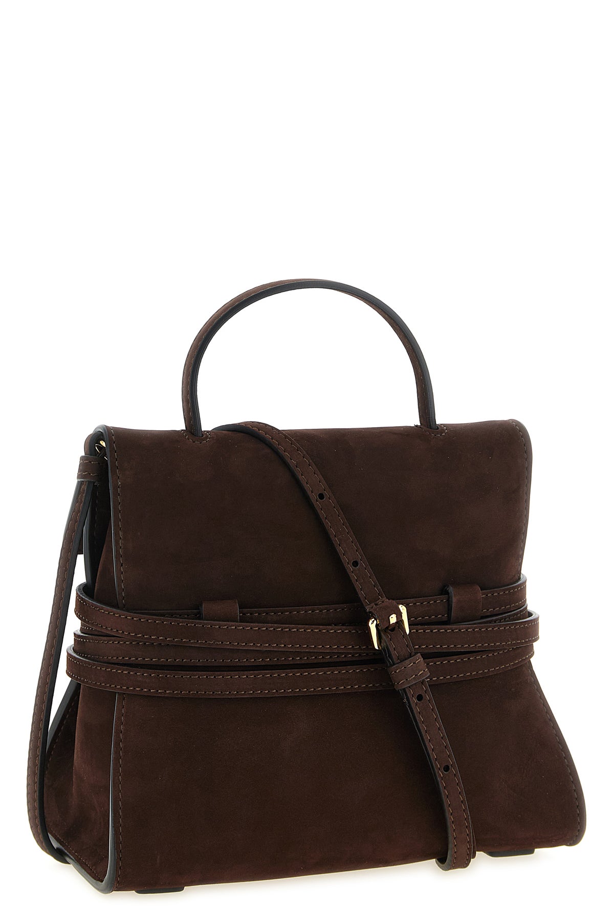 moschinos regular tie me handbag in fine dark brown calf nubuck defines a str
