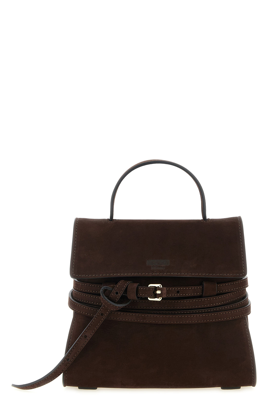 MOSCHINO OS moschinos regular tie me handbag in fine dark brown calf nubuck defines a str