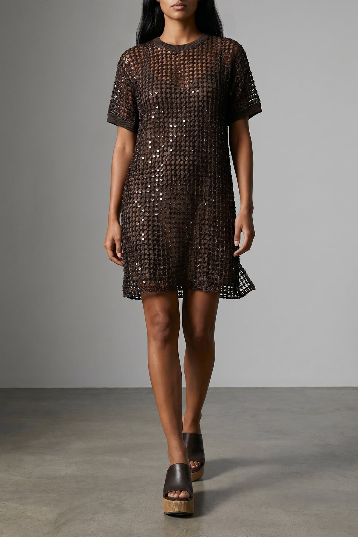 silk and linen blend mesh mini dress