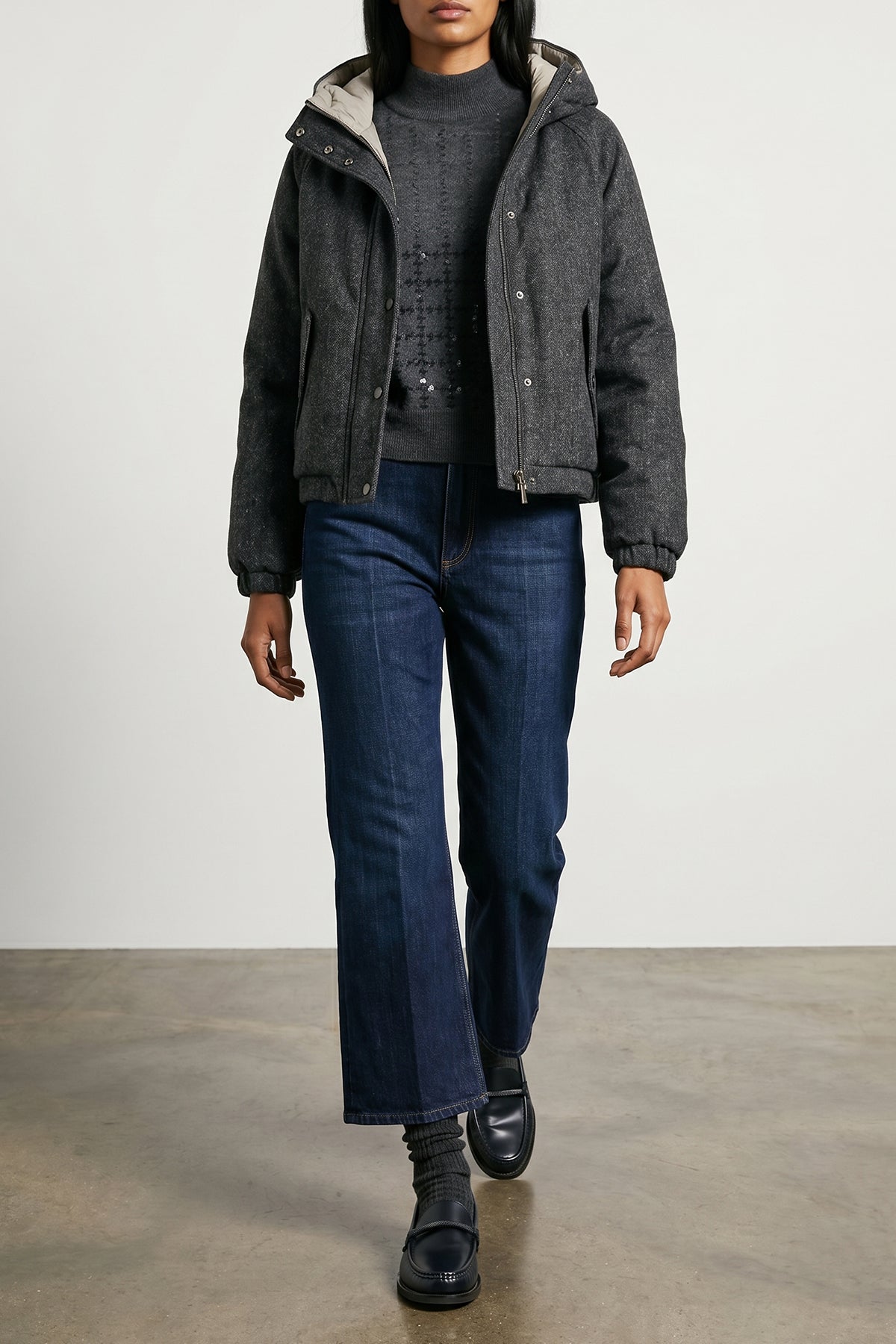 salt and pepper patterned donegal tweed down jacket