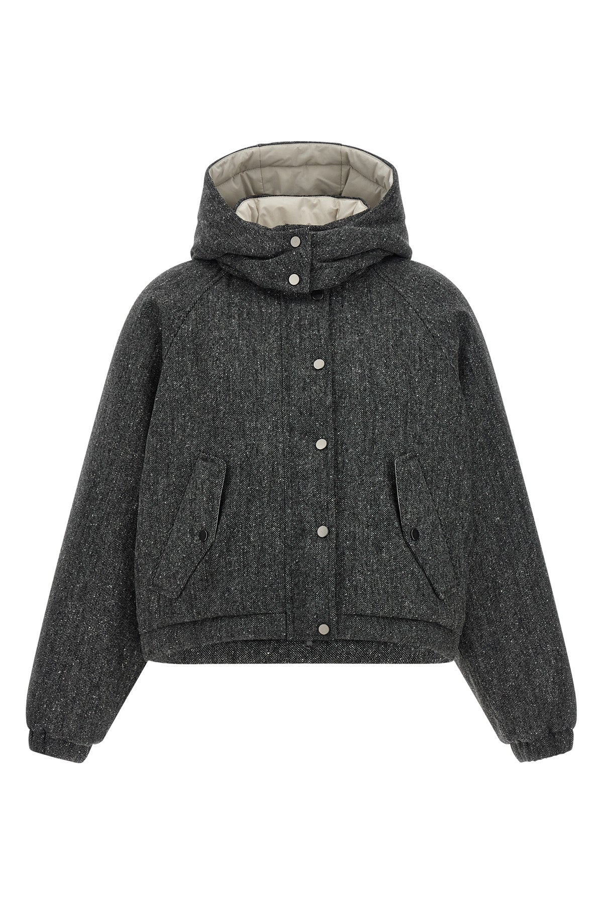 salt and pepper patterned donegal tweed down jacket