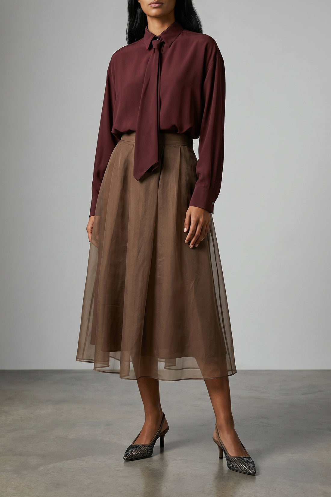 BRUNELLO CUCINELLI 36 circle midi skirt in semi-transparent crispy silk